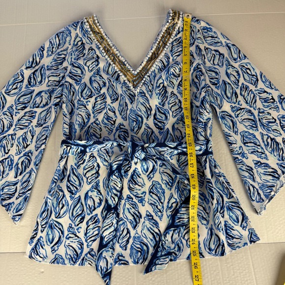 Lilly Pulitzer Resort White Kailen Top Drop In Blue Shells Embellished Tie Waist - Picture 13 of 13